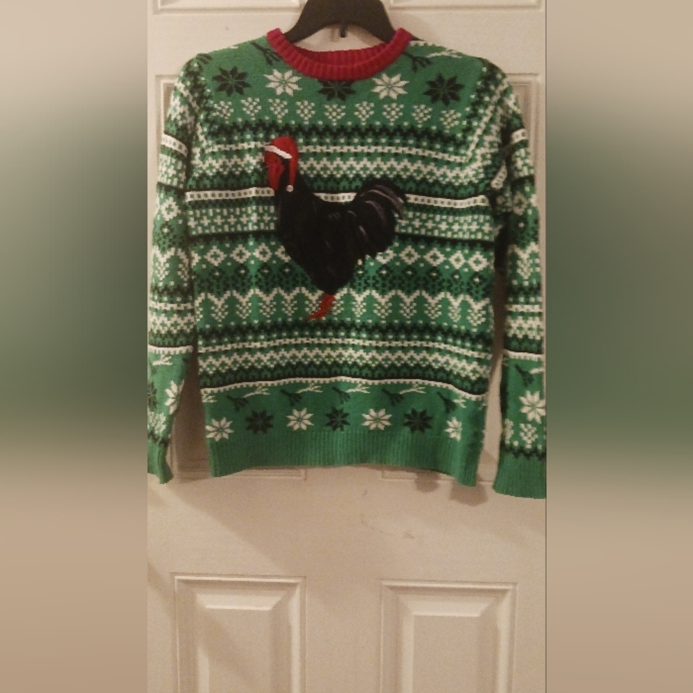 *** Funny Cocka-doodle Christmas Rooster In Santa Hat Sweater Size Small